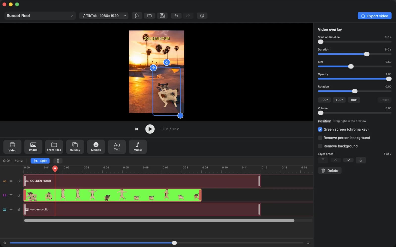 Vibe Video editor on macOS: multitrack timeline with a chroma-key overlay and the layer inspector